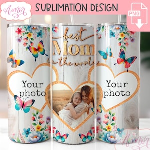 DESCARGA DIGITAL Envoltura de vaso con foto de la mejor mamá sublimación PNG Marco de fotos del Día de la Madre Plantilla de vaso floral de 20 oz PNG personalizable de 20 oz