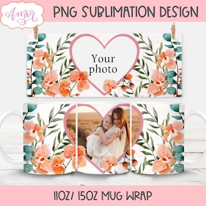 Modelo de caneca com foto floral em aquarela para sublimação, envoltório de caneca com flores de orquídea para presentes personalizados, download digital de caneca com porta-retratos