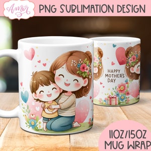 Plantilla de taza Feliz Día de la Madre para sublimación, envoltura de taza de mamá e hijo PNG, lindo diseño de taza de café de mamá, Descarga instantánea gráfica digital