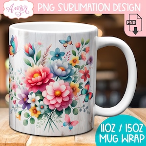 May include: White ceramic mug with a floral design featuring pink, purple, and yellow flowers, green leaves, and butterflies. The mug has a wooden background and the text "11oz / 15oz Mug Wrap".
