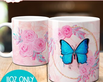 Digital Download – Blue Butterfly Mug PNG | Sublimation Wrap for 11oz Mugs | Floral Butterfly Design | Spring Sublimation Clipart PNG