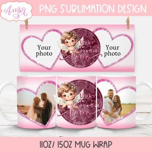 Plantilla de taza con foto del Día de San Valentín para sublimación, envoltura de taza con imagen completa personalizable de 11 oz y 15 oz, plantilla PNG de taza de café con hechizo de amor