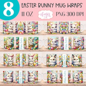 BUNDLE Osterbecher Wraps PNG für Sublimation, Frühlingssublimationsdesign für Kaffeebecher, Frohe Ostern Becher, Osterhasendesign für 11 Unzen Becher