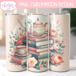 Envoltura de vaso de té y libros PNG, plantilla de vaso para amantes de los libros para sublimación / Diseño PNG personalizable de acuarela floral de 20 oz