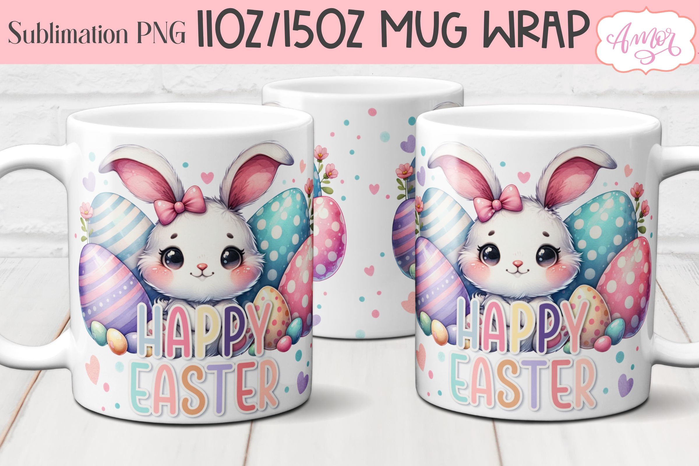 Happy Easter Mug PNG for Sublimation, Cute Easter Bunny Mug Wrap ...
