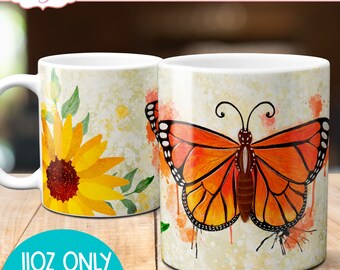 Watercolor monarch butterfly mug PNG for sublimation, spring mug wrap template, Sunflowers 11oz coffee mug design, floral instant download