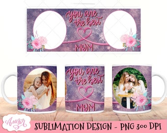 Add your own photos mug template for sublimation, Mom mug wrap PNG, personalizable coffee mug PNG printable template, Mother's day mug