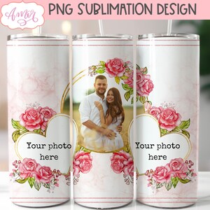 Agregue su propia envoltura de vaso de fotos para sublimación, plantilla de vaso de marco de imagen PNG, descarga de diseño floral de acuarela personalizable
