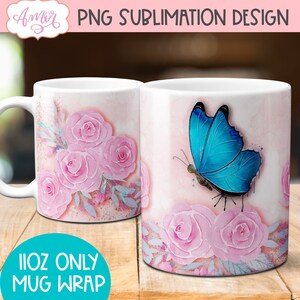 Conception de tasse papillon bleu pour sublimation, mug wraps png, design coloré PNG, conception de modèle de tasse à café tournesol, téléchargement immédiat