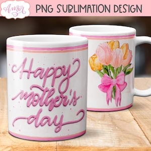 Plantilla de taza para sublimación del Día de la Madre, envoltura de taza con tulipanes rosas en acuarela PNG, taza de café del Día de la Madre, descarga de gráficos digitales