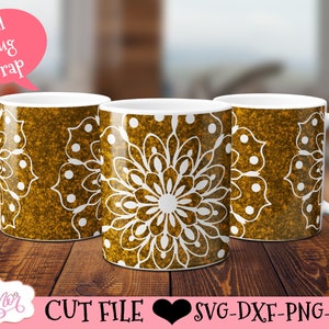 May include: Three white ceramic mugs with a gold and white mandala design. The mugs are arranged in a row on a wooden surface. The text "Full mug wrap" is visible in the background.