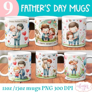 Lot de 9 emballages de tasse pour la fête des pères heureux PNG pour sublimation, graphique de modèle de tasse papa mignon 11 oz 15 oz pour sublimation, cadeau tasse à café papa