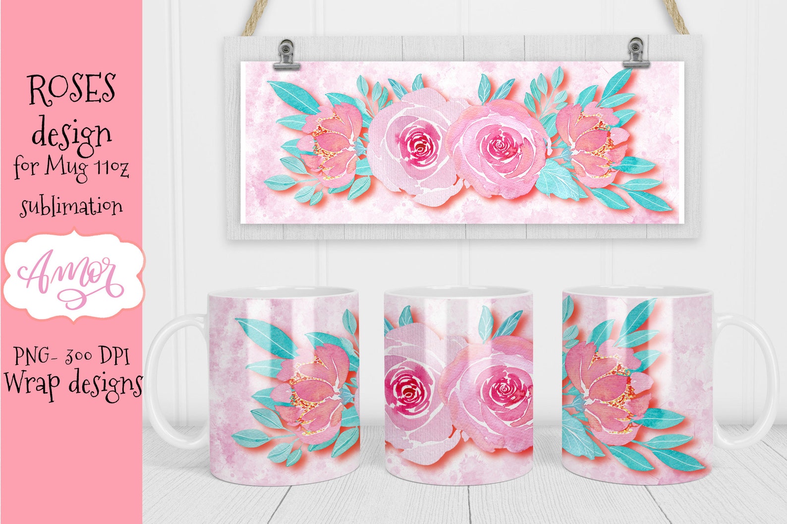 Floral Coffee Mug Sublimation Wrap Pink Roses Full Mug Wrap Etsy