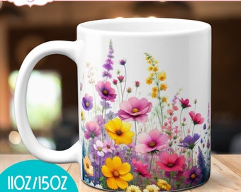 Wildflowers mug sublimation design, watercolor floral 11oz mug wraps png, Spring mug template designs digital instant download graphic 15oz