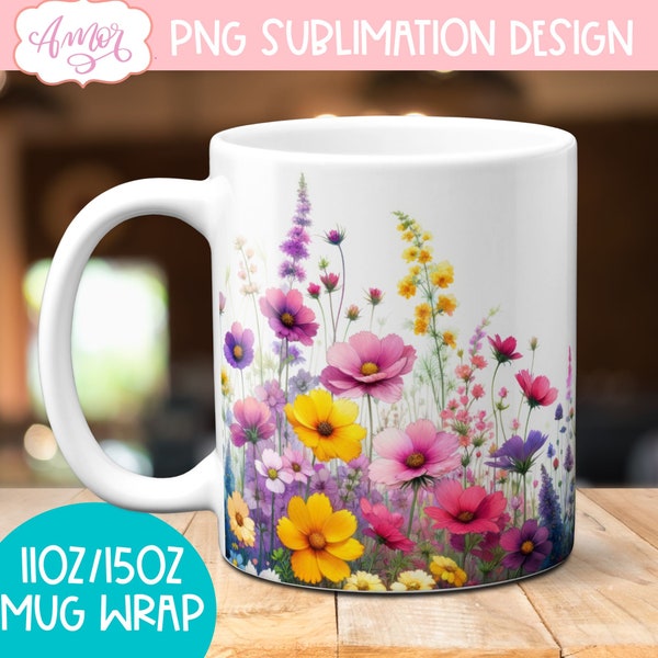 Conception de sublimation de tasse de fleurs sauvages, tasse florale aquarelle de 11 oz enveloppe png, modèle de tasse de printemps conçoit le graphique de téléchargement instantané numérique 15 oz