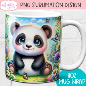 Niedliche Pandabär-Tassenfolie zur Sublimation, Baby-Tier-Tassenvorlage, farbenfrohes Frühlings-Kaffeetassen-Design für Mädchen und Kinder, süßer Sofort-Download
