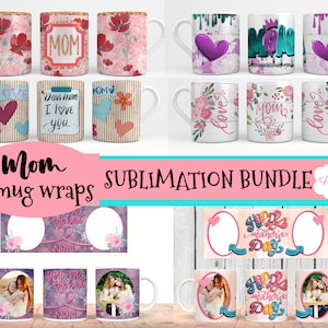 Paquete de 6 plantillas de tazas del día de la madre para sublimación, envoltura de taza completa personalizable, plantilla imprimible PNG de taza de café de mamá personalizable