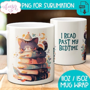 DESCARGA DIGITAL taza para amantes de los libros PNG sublimación Leo más allá de mi hora de dormir plantilla de taza de café de 11 oz linda taza para amantes de los gatos diseño png bibliotecario