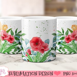 Fleurs de pavot et tulipes conception de sublimation de tasse de 11 oz et 15 oz, enveloppement de tasse personnalisable PNG, conception d'aquarelle pour le téléchargement de modèle de tasse à café