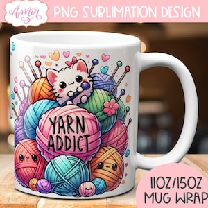 Garenverslaafde mok wrap PNG voor sublimatie ontwerp, leuke breiliefhebber 11oz 15oz koffiemok sjabloon cadeau voor breier, instant download