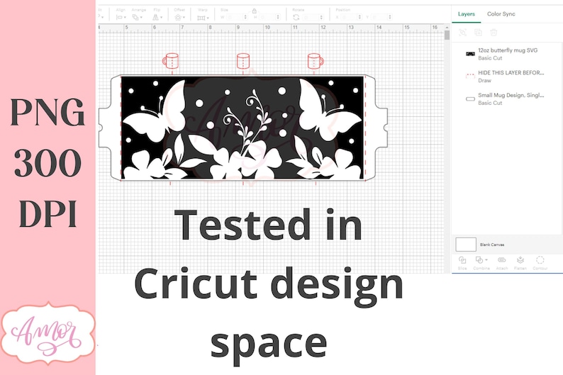 K&ouml;nnte beinhalten: Ein schwarz-wei&szlig;es Design f&uuml;r eine Tasse mit einem Schmetterlings- und Blumenmuster. Das Design wurde in Cricut Design Space getestet.