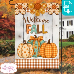 May include: A decorative garden flag with a fall theme. The flag features the words "Welcome FALL" above a collection of pumpkins. The pumpkins are in various patterns and colors, including orange gingham and floral designs. The flag is bordered with a brown and white checkered pattern.