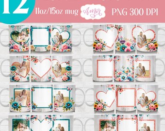 May include: Twelve white ceramic photo mugs with floral designs and space for photos. Each mug features a heart or square frame, surrounded by colorful flowers and butterflies. The text "FLORAL PHOTO MUGS" and "11oz/15oz mug" are visible.