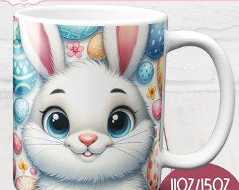 Cute Easter Bunny Mug Wrap PNG for Sublimation, Spring Sublimation Design for coffee mug, easter eggs Mug template for 11oz 15oz mugs