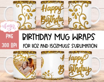 Modèle personnalisé de tasse photo d'anniversaire, tasse à café personnalisée 11 oz conceptions de sublimation, cadeau DIY joyeux anniversaire, tasse 15 oz numérique PNG