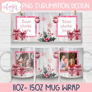 DESCARGA DIGITAL Envoltorio de taza con foto de Navidad rosa PNG para sublimación Plantilla de taza de café de temporada navideña personalizable Imagen de envoltorio de taza PNG