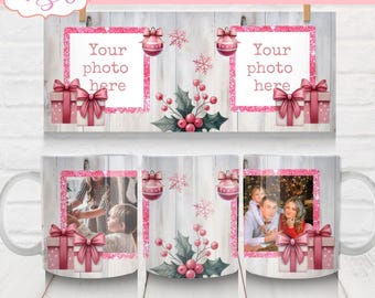 DIGITAL DOWNLOAD Pink Christmas photo mug wrap PNG for sublimation Customizable Christmas season coffee mug template picture mug wrap png