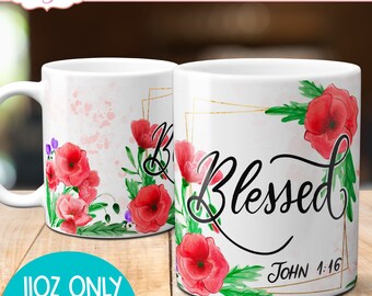 Bible verse Blessed mug wraps for sublimation, Christian quotes full mug wrap template, Watercoor florals coffee mug PNG printable files