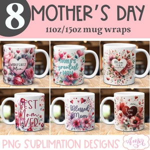 Paquete de 8 envoltorios para tazas del Día de la Madre para sublimación, plantillas para tazas de café para mamá, diseños florales de acuarela para tazas PNG 11oz 15oz descargar