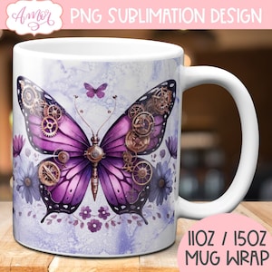 Kubek Steampunk Butterfly PNG do sublimacji, szablon opakowania kubka wiosennego, kwiaty akwarelowe 11oz projekt kubka do kawy futurystyczny natychmiastowy do pobrania
