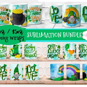 Bundle St. Patricks Day Tassenverpackungen PNG für Sublimation, Lucky Mom Kaffeebecher Vorlage | Niedlicher Zwerg-Münztopf mit grünem Hut und Regenbogen, Irland, Irisch