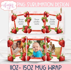 Modèles de mugs photo fraises pour sublimation personnalisables avec cadre photo personnalisé Mug à café de 11 oz, cadre photo PNG, tasse de 15 oz