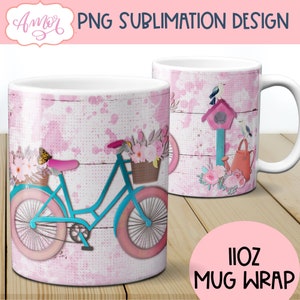 Frühlingsbecher-Sublimationsdesign für 11-Unzen-Becher, florale Fahrradbecher-Wraps png, Frühlingsdesign PNG, florales Kaffeebecher-Vorlagendesign, Fahrrad PNG