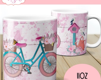 Spring mug sublimation design for 11oz mug, floral bike mug wraps png, spring design PNG, floral coffee mug template design, bicycle PNG
