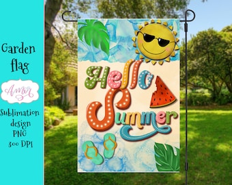DIGITAL DOWNLOAD Hello summer garden flag PNG for sublimation design, Cute Summer flag template, Welcome beach yard flag printable 12X18