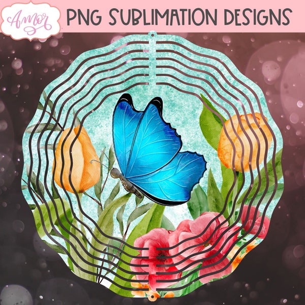 Blue butterfly wind spinner PNG for sublimation commercial use, Watercolor sping floral garden wind spinner template instant download file