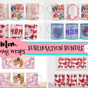 Paquete de 6 plantillas de tazas del día de la madre para sublimación, envoltura de taza completa personalizable, plantilla imprimible PNG de taza de café de mamá personalizable