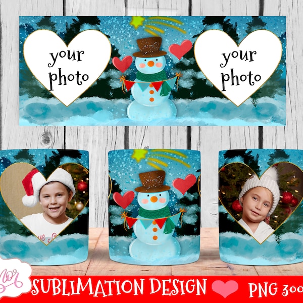 Add your own photos mug template for sublimation, Christmas picture mug PNG | Customizable coffee cup 11oz 15oz Cute snowman holiday winter