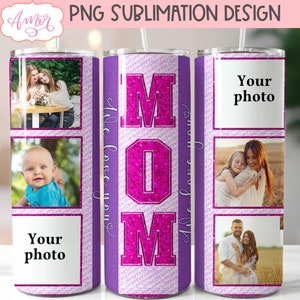 Mamá foto vaso envoltura PNG para sublimación, marco de imagen del Día de la Madre 20oz plantilla de vaso PNG, descarga de brillo rosa personalizable