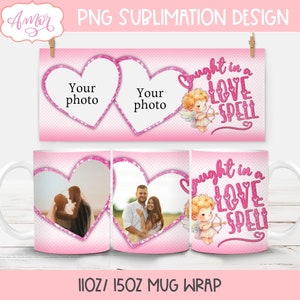Plantilla de taza con foto del Día de San Valentín para sublimación, envoltura de taza con imagen completa personalizable de 11 oz y 15 oz, atrapado en una taza de café de hechizo de amor PNG