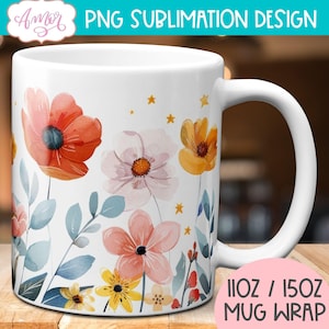 DIGITAL DOWNLOAD Wildflowers mug sublimation design watercolor floral 11oz mug wrap PNG Spring mug template designs digital graphic 15oz