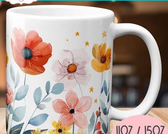 TÉLÉCHARGEMENT NUMÉRIQUE Mug fleurs sauvages sublimation design aquarelle florale de 11 oz enveloppement de tasse PNG printemps mug modèles dessins graphique numérique 15 oz