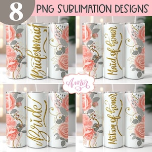 Bridal party tumbler wrap designs for sublimation BUNDLE, Wedding floral 20oz tumbler template, Bachelorette party tumbler set download