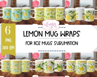 Bundle of 6 lemon mug PNG sublimation designs, Fruit 11oz mug wraps, citrus coffee mug template design, lemonade PNG Instant download,