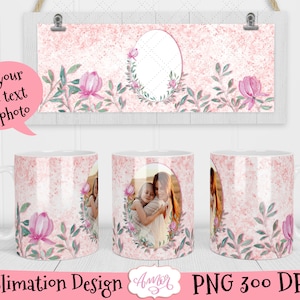 Modelo de caneca com foto de flores cor de rosa para sublimação, envoltório floral completo para caneca, caneca de café personalizável Modelo imprimível PNG, caneca personalizada png