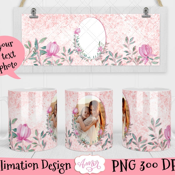 Pink flowers photo mug template for sublimation, floral full mug wrap, personalizable coffee mug PNG printable template, custom mug png